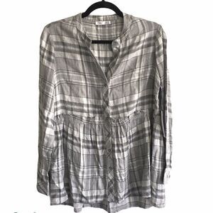 DEX Cotton Plaid Button Front Peplum Blouse Grey XS
